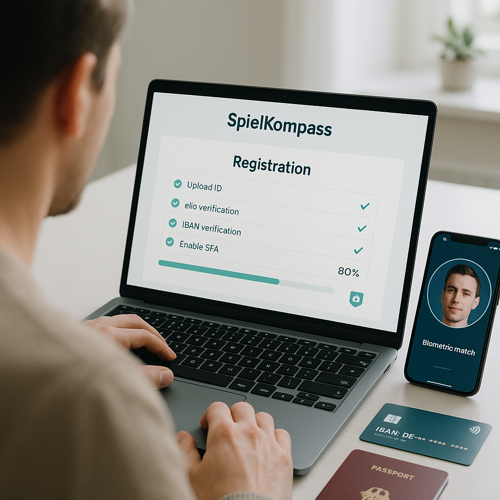 Over-shoulder photo of an adult registering safely on SpielKompass: laptop shows KYC, eID, IBAN,